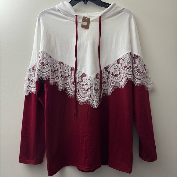 Elegant Lace Trimmed Hoodie - Red and White - Picture 1 of 3